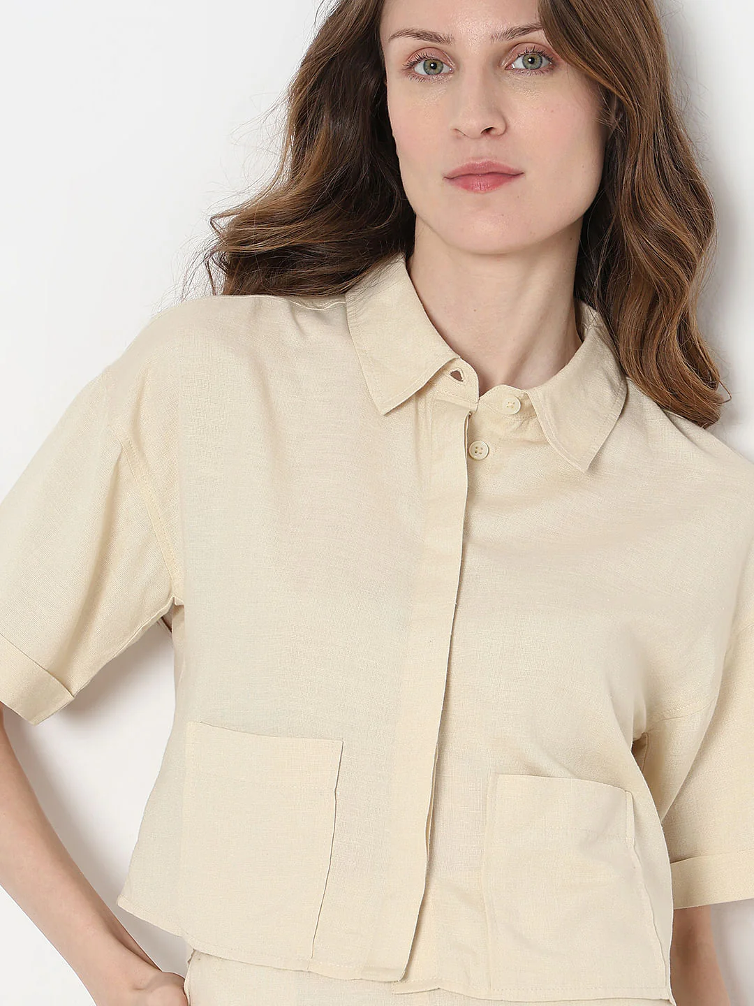 Beige Cropped Co-Ord Set Shirt - Image 6