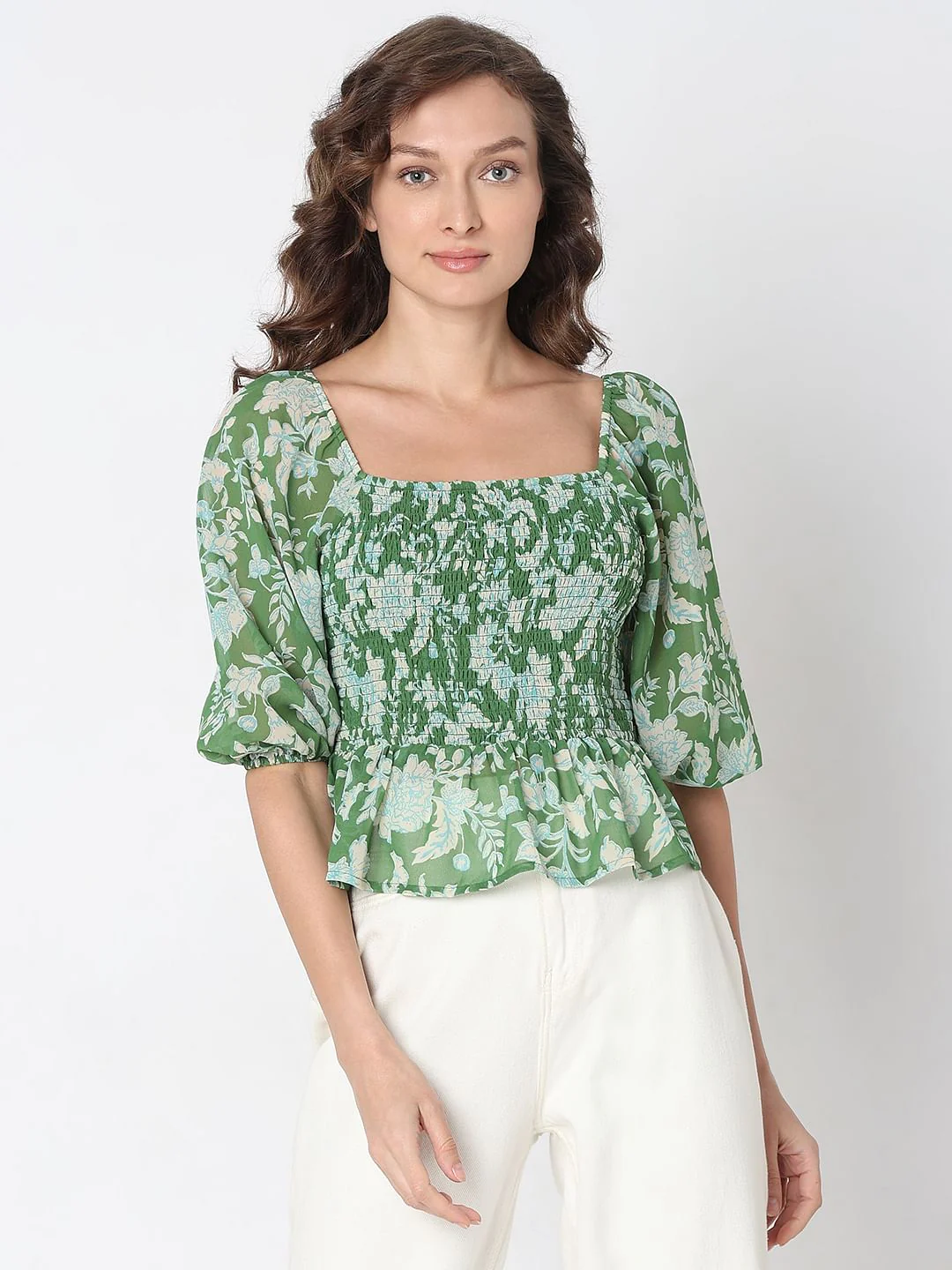 Green Floral Smocked Top - Image 2