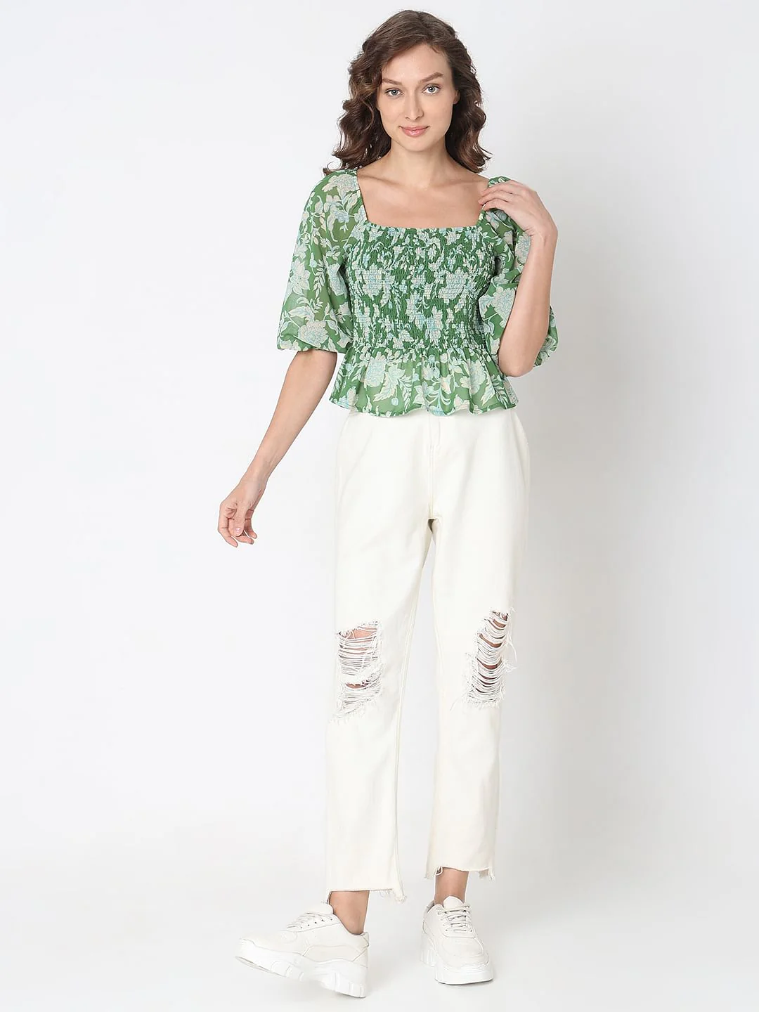 Green Floral Smocked Top - Image 5