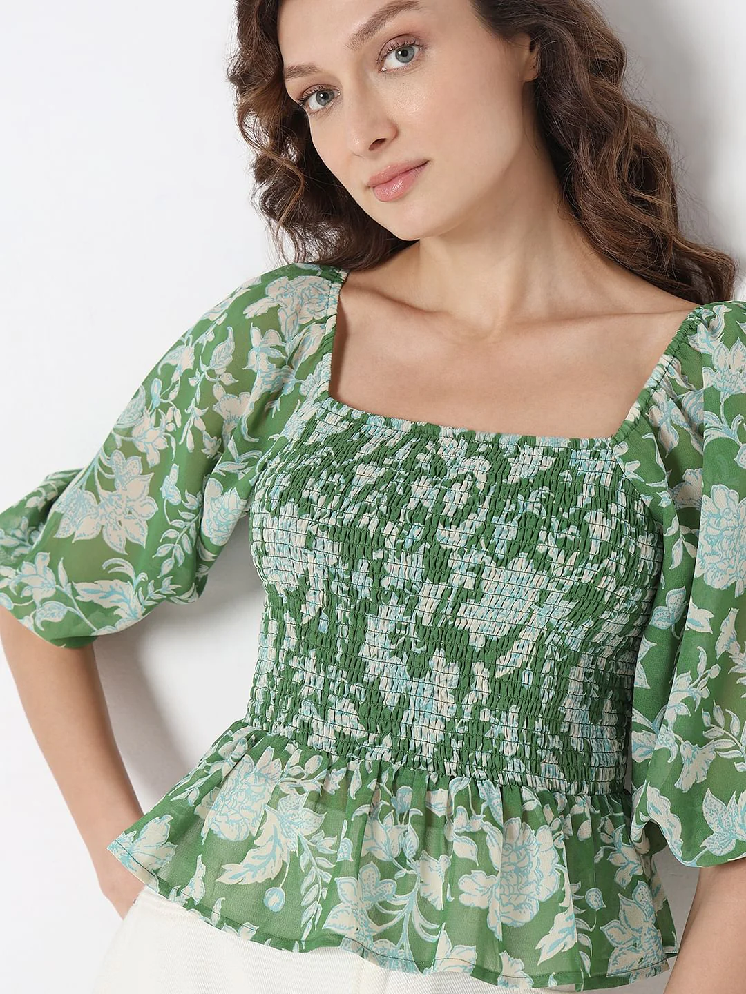 Green Floral Smocked Top - Image 6