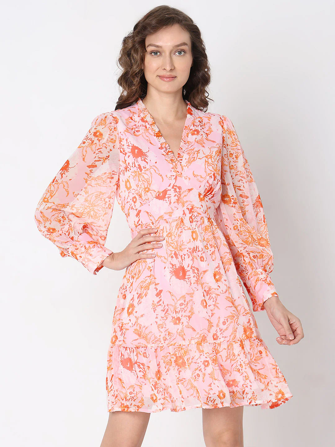 Orange Floral Fit & Flare Dress - Image 2
