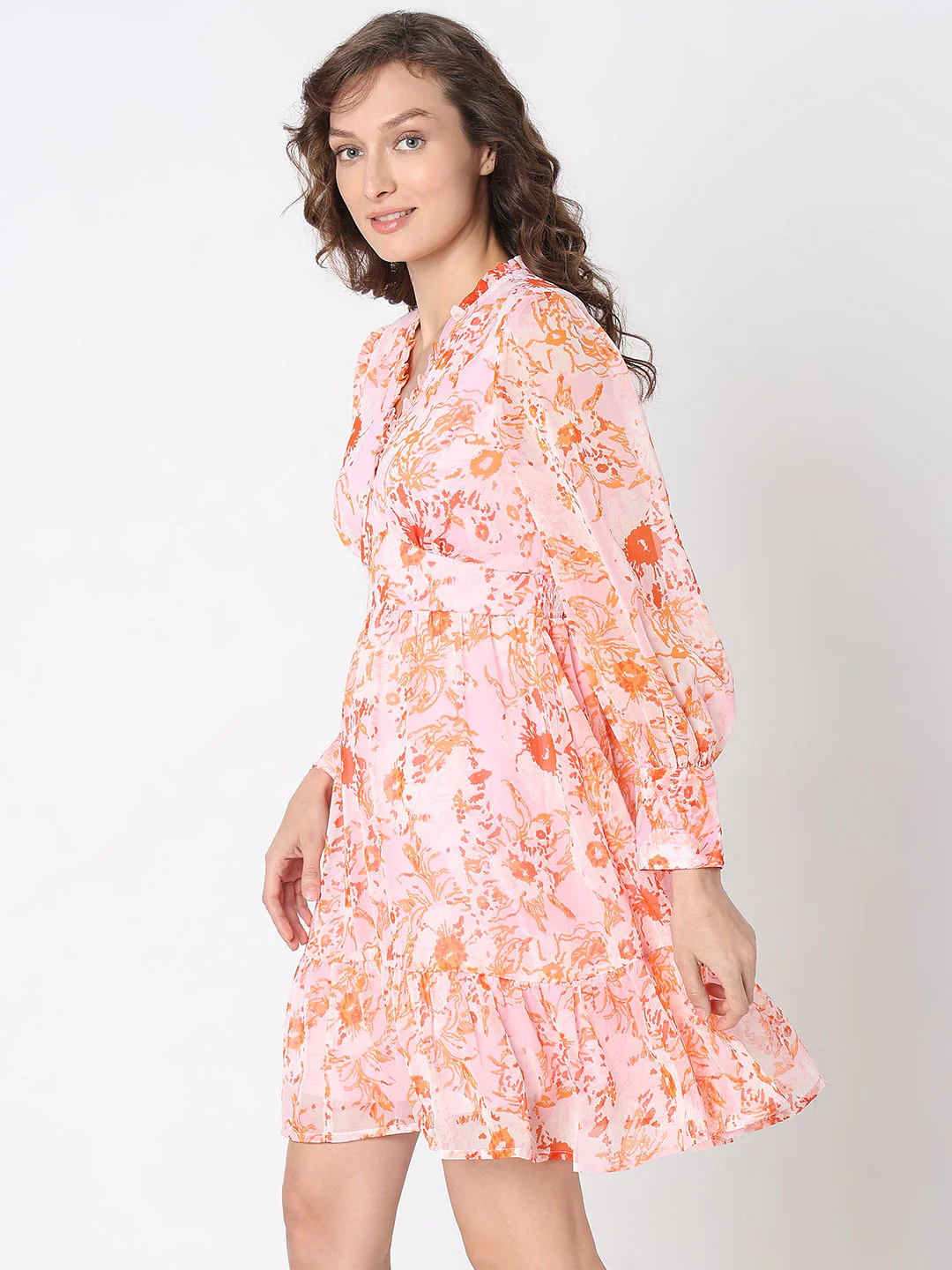 Orange Floral Fit & Flare Dress - Image 3
