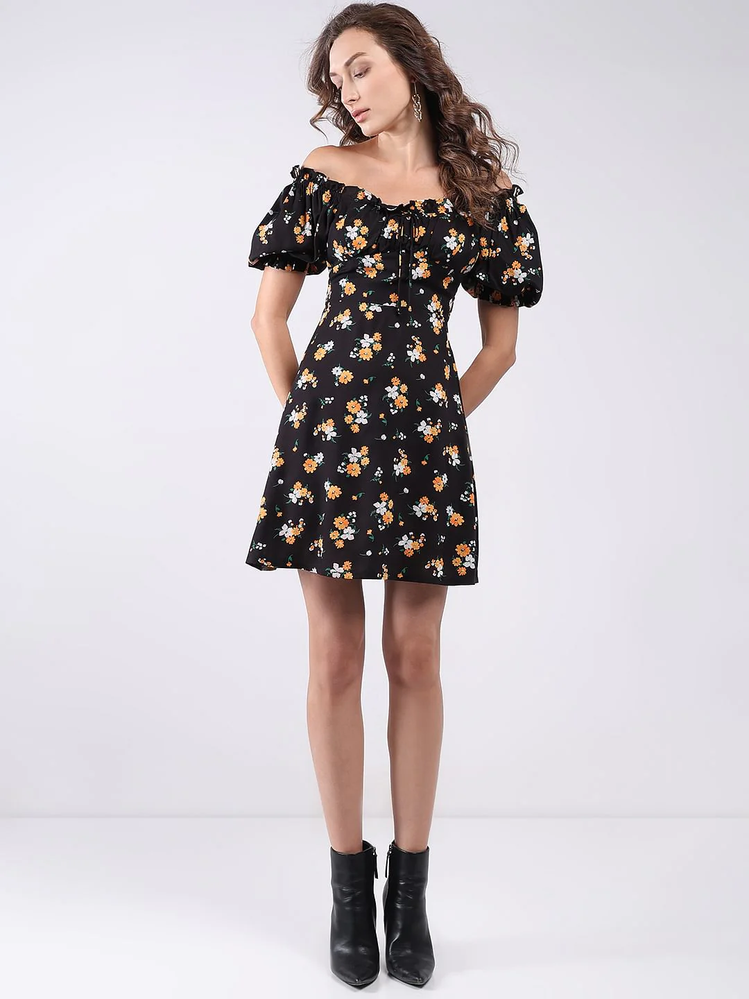 Black Floral Print Mini Dress