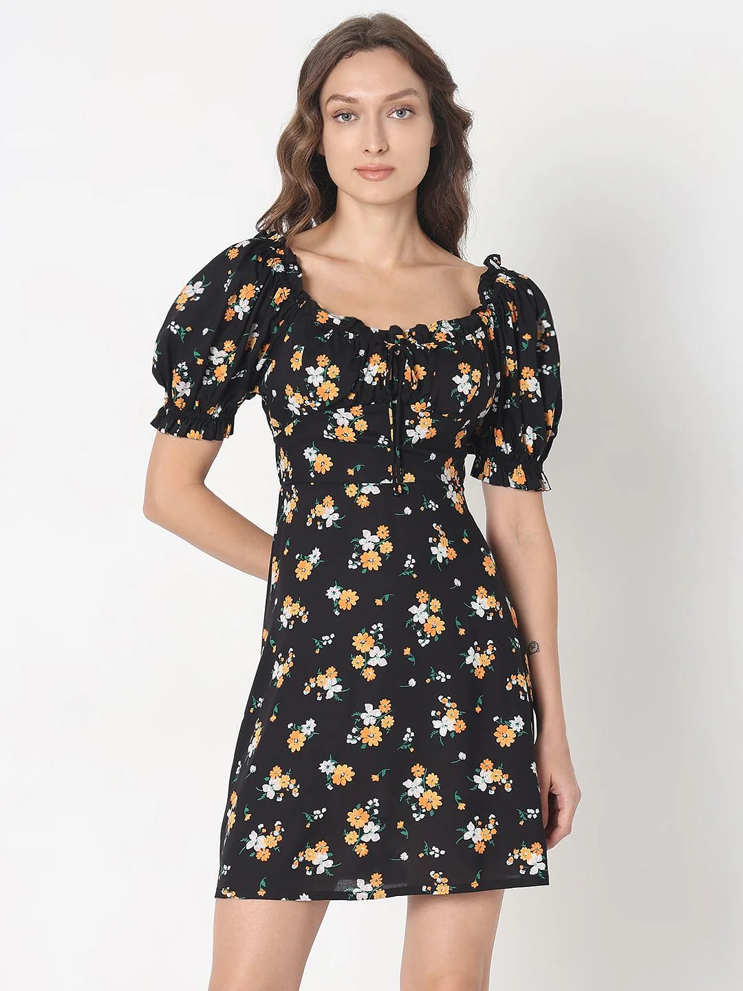 Black Floral Print Mini Dress - Image 2