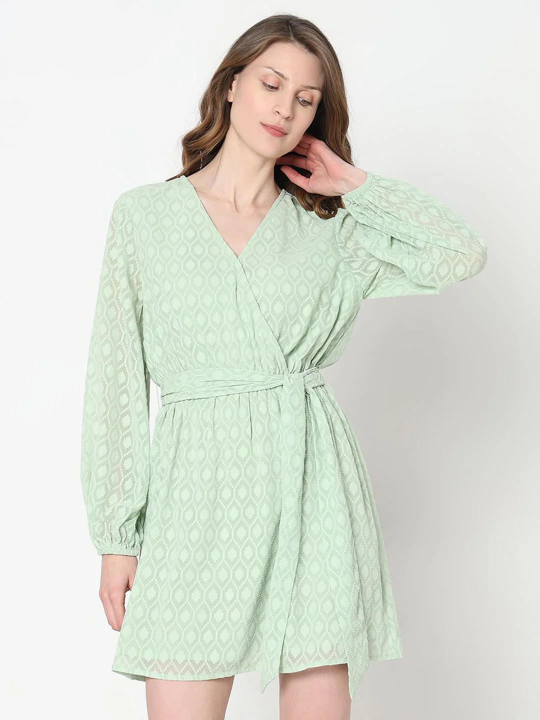 Green Textured Wrap Dress - Image 2