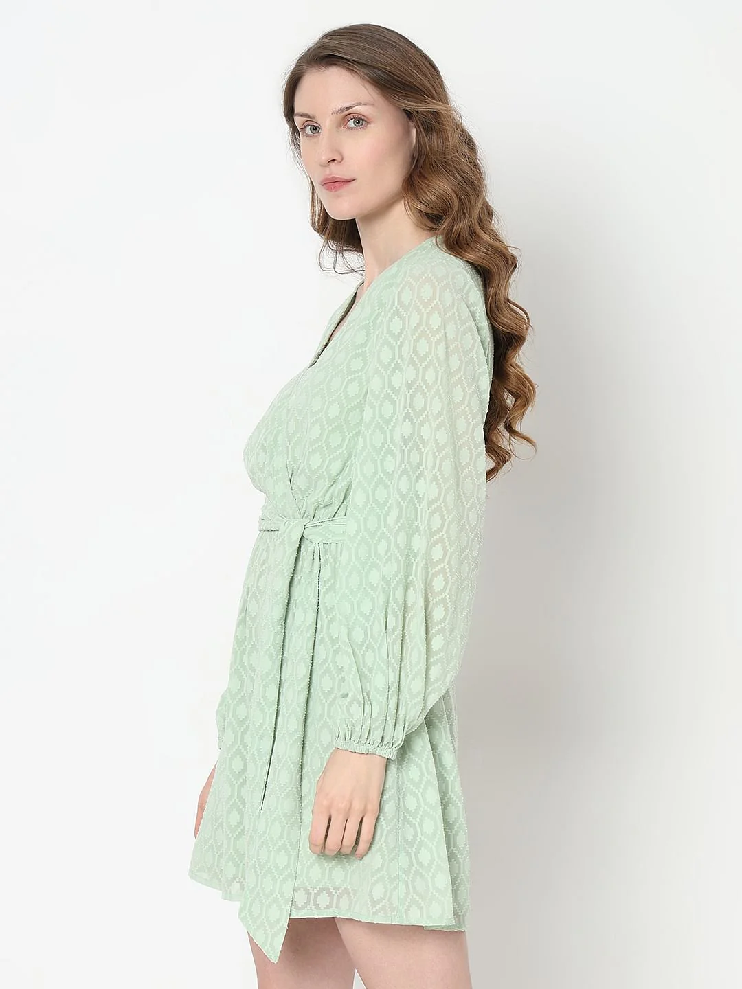 Green Textured Wrap Dress - Image 3