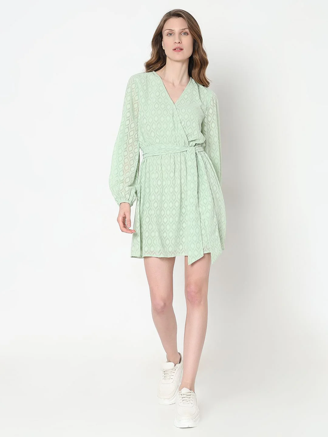 Green Textured Wrap Dress - Image 5