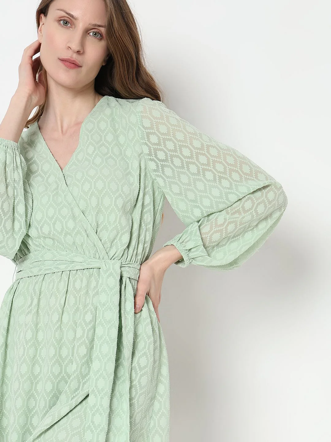 Green Textured Wrap Dress - Image 6
