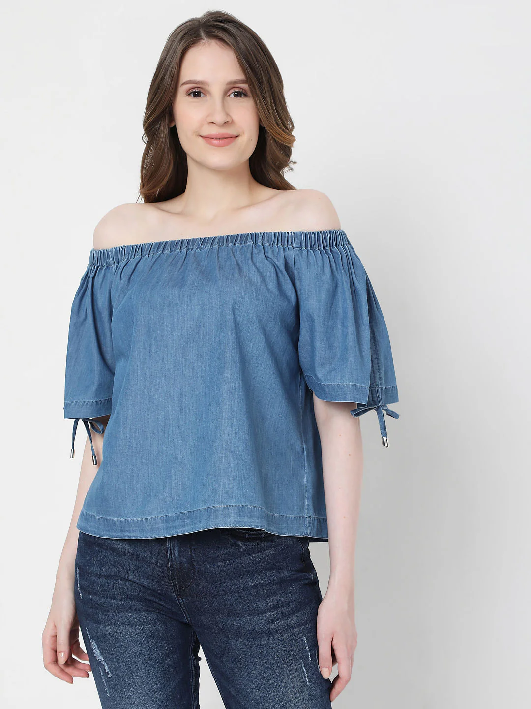 Blue Denim Off-Shoulder Top - Image 2