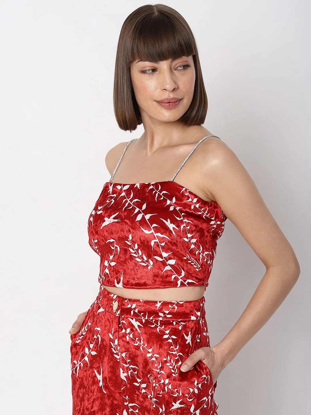 Red Printed Co-Ord Set Crop Top - Image 3
