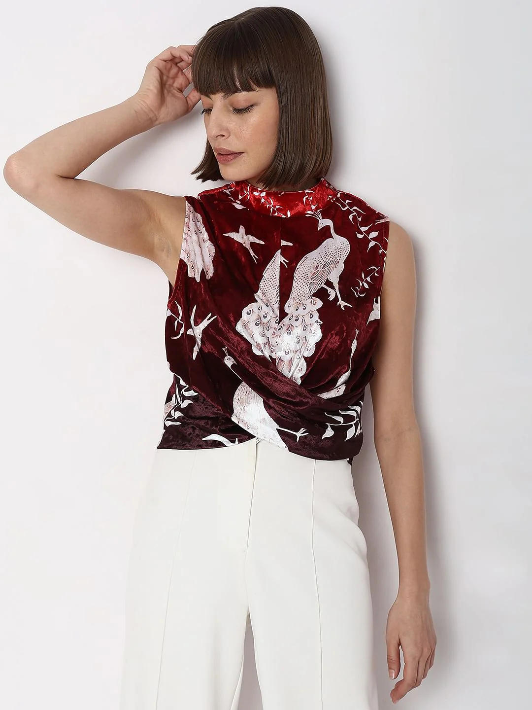Red Printed Twisted High Neck Top - Image 2