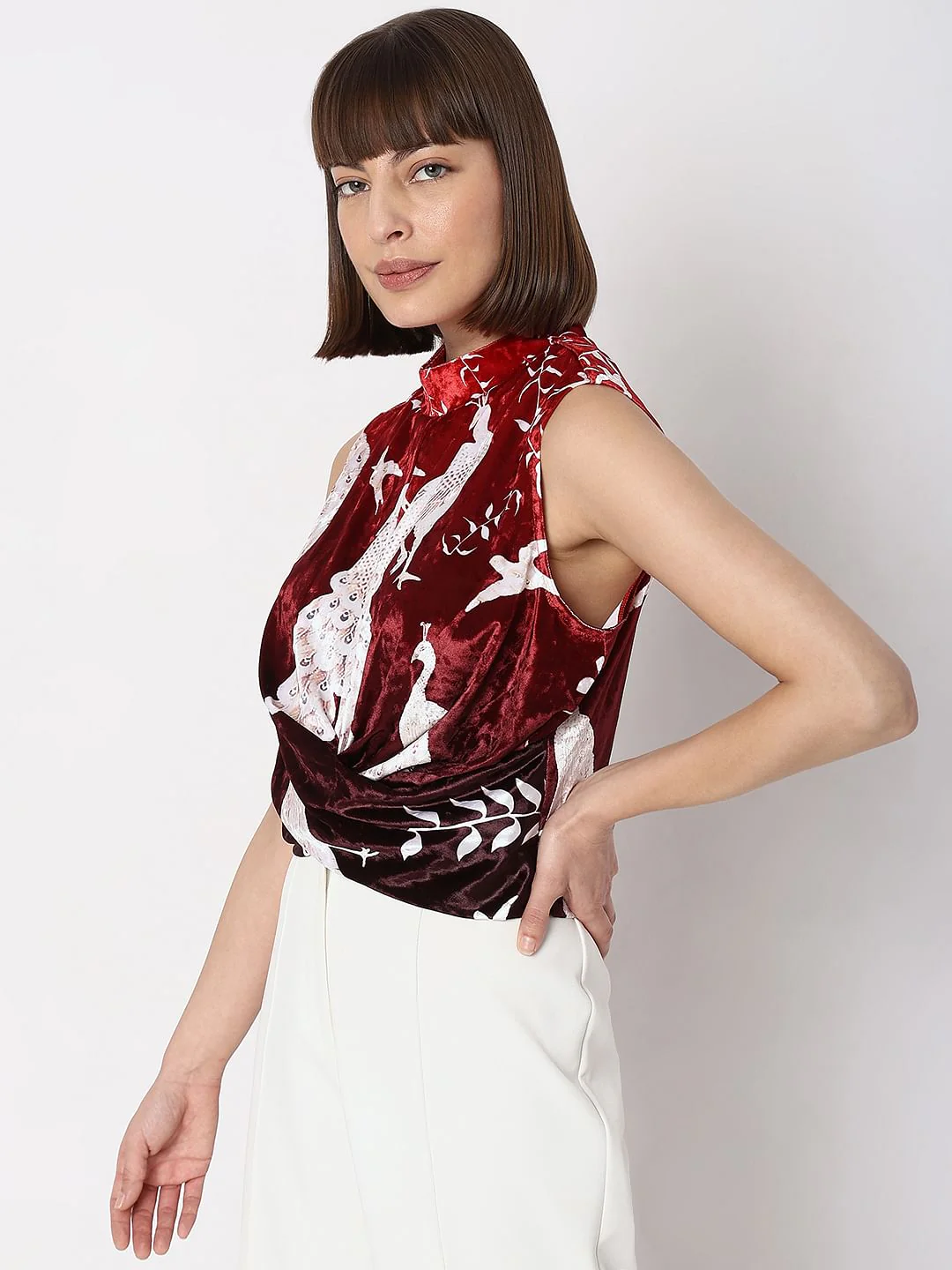 Red Printed Twisted High Neck Top - Image 3