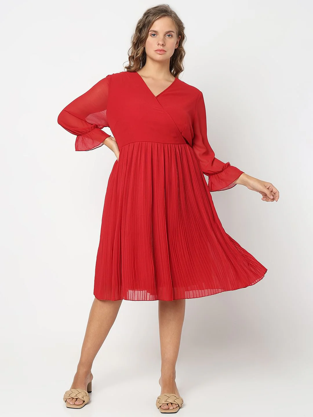 Curve Red Pleated Fit & Flare Dress - Image 2