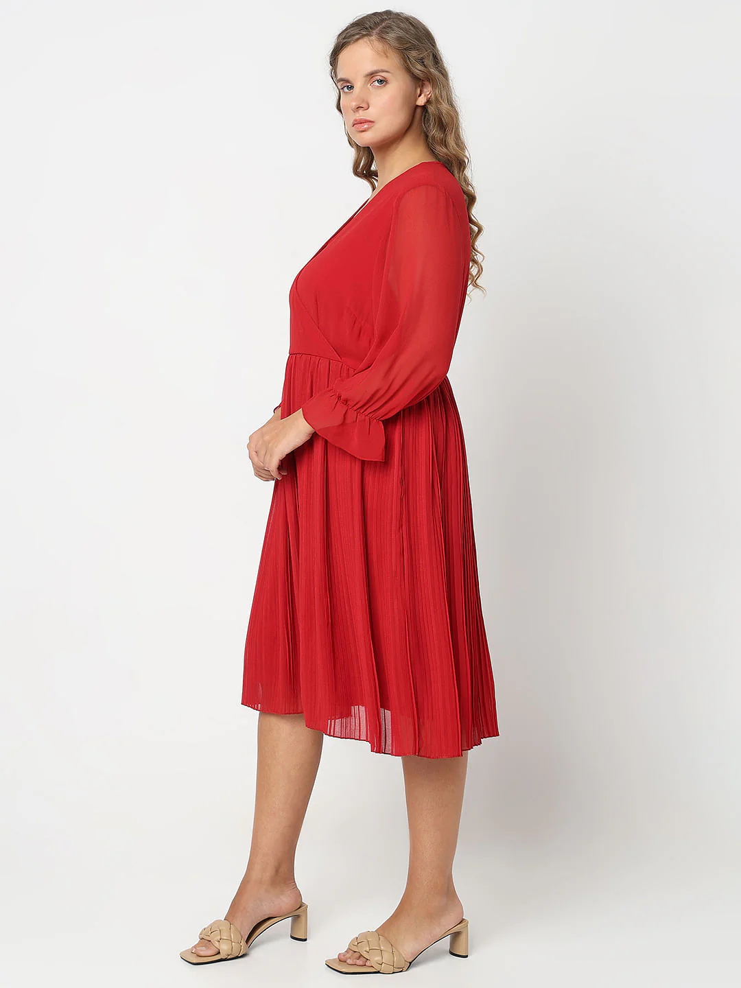 Curve Red Pleated Fit & Flare Dress - Image 3