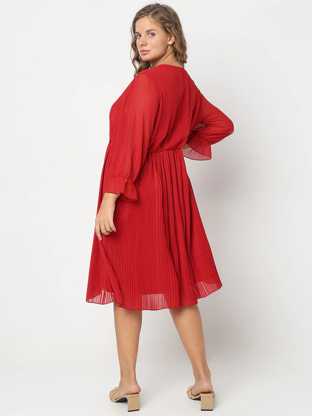 Curve Red Pleated Fit & Flare Dress - Image 4