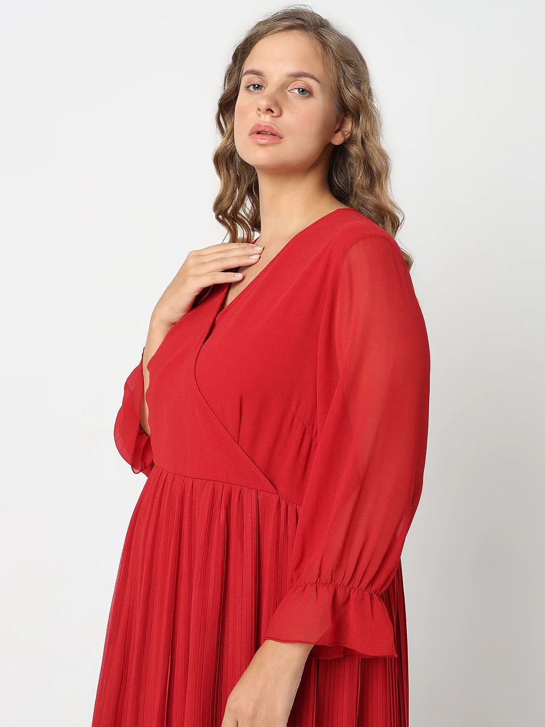 Curve Red Pleated Fit & Flare Dress - Image 5