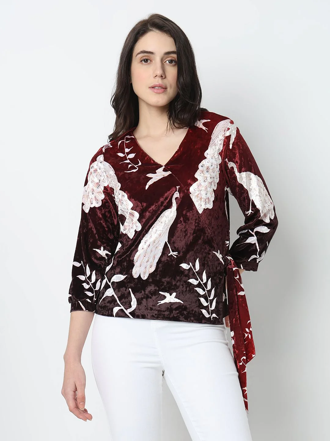 Maroon Printed Wrap Top - Image 2