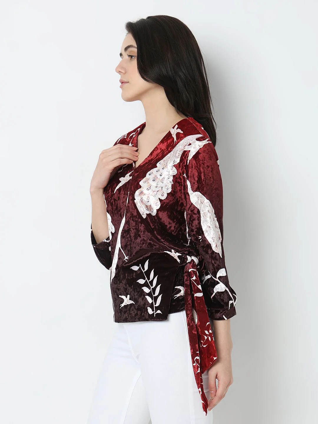 Maroon Printed Wrap Top - Image 3