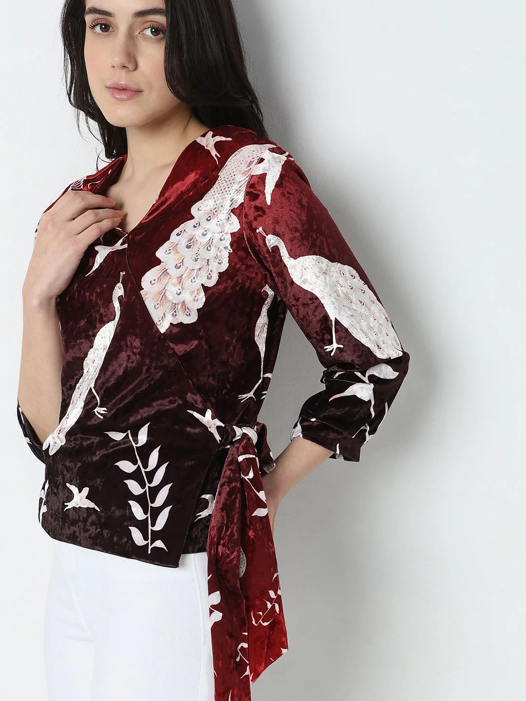 Maroon Printed Wrap Top - Image 6