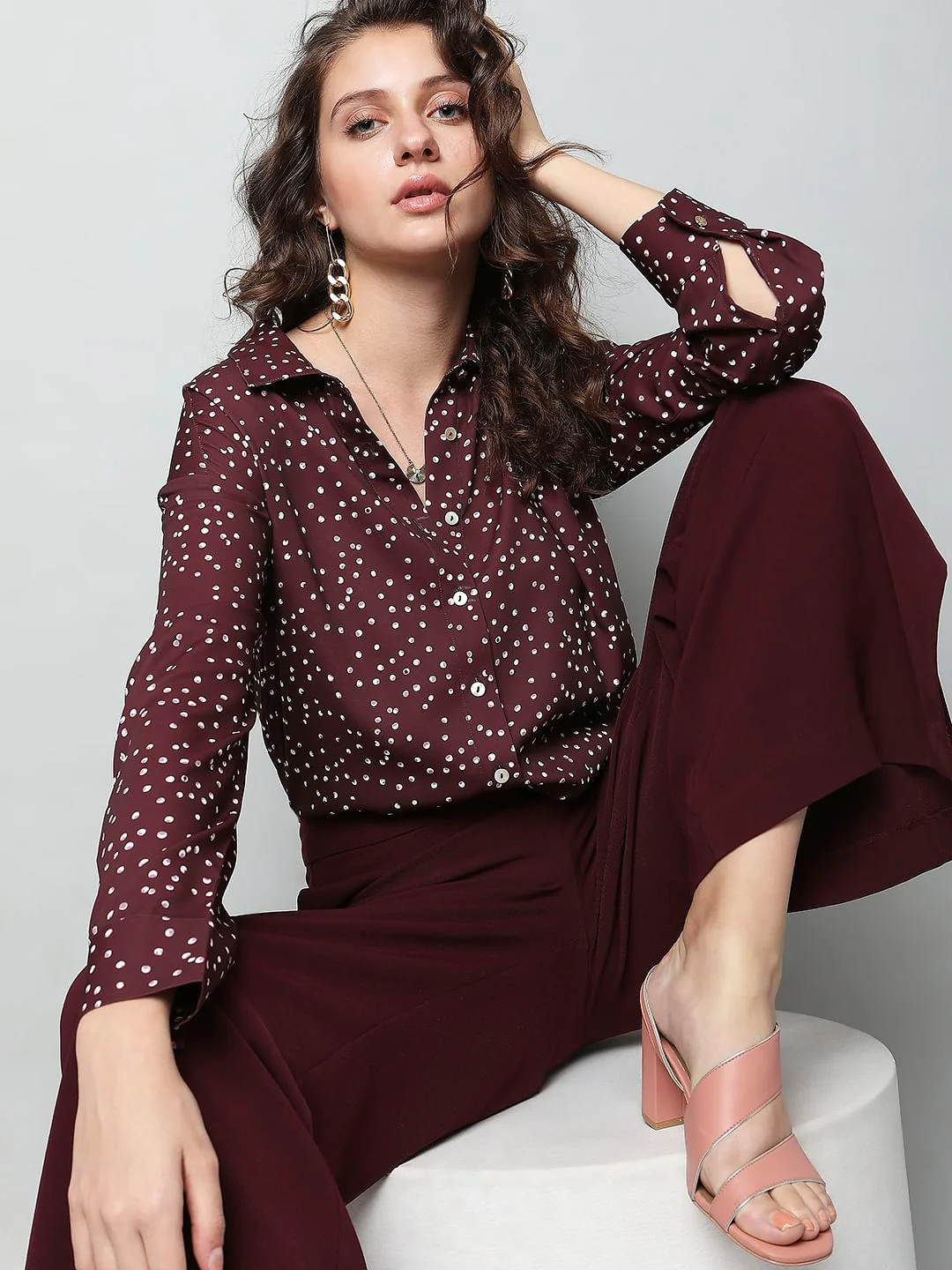 Maroon Polka Dot High-Low Shirt