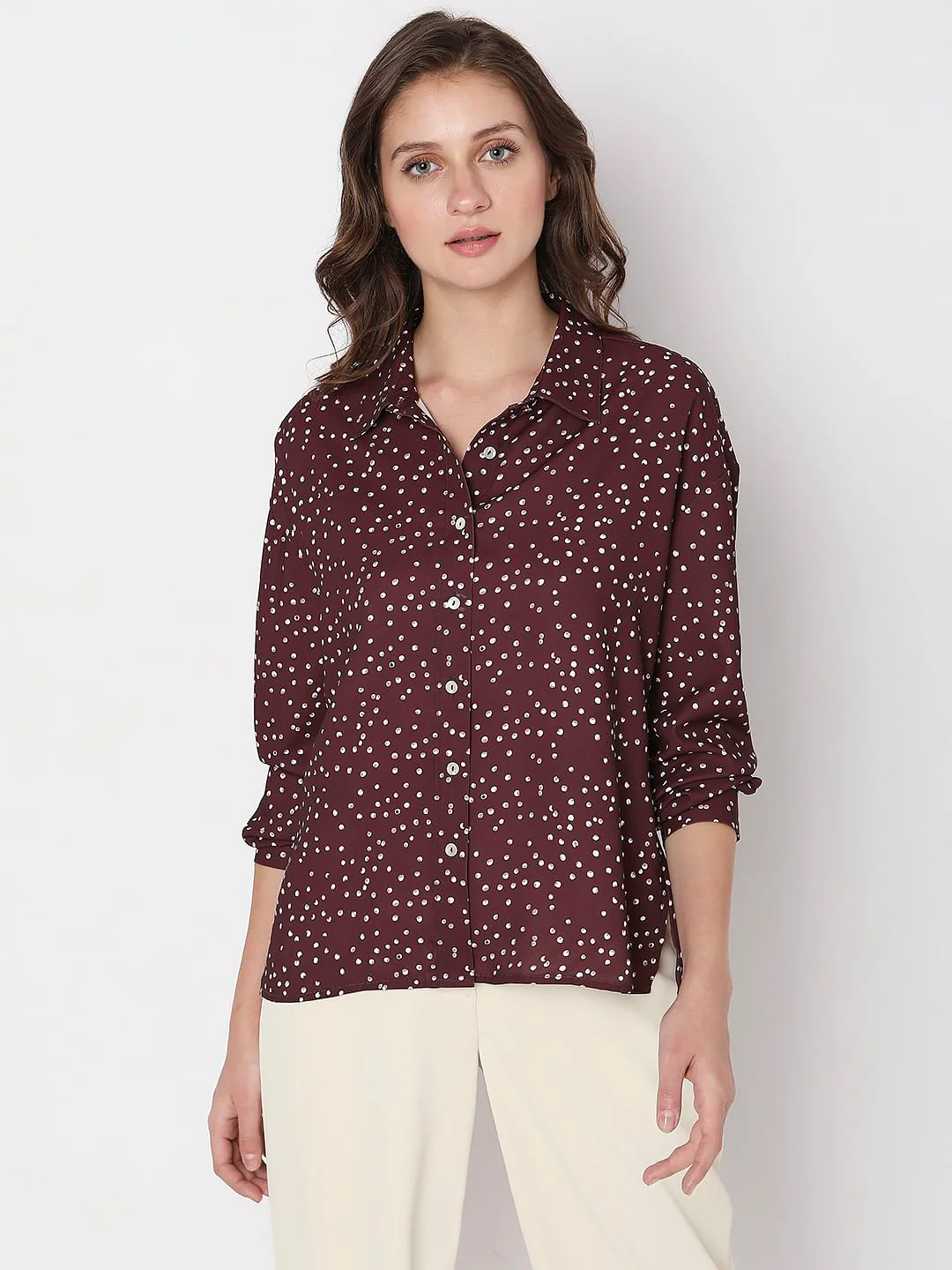 Maroon Polka Dot High-Low Shirt - Image 2