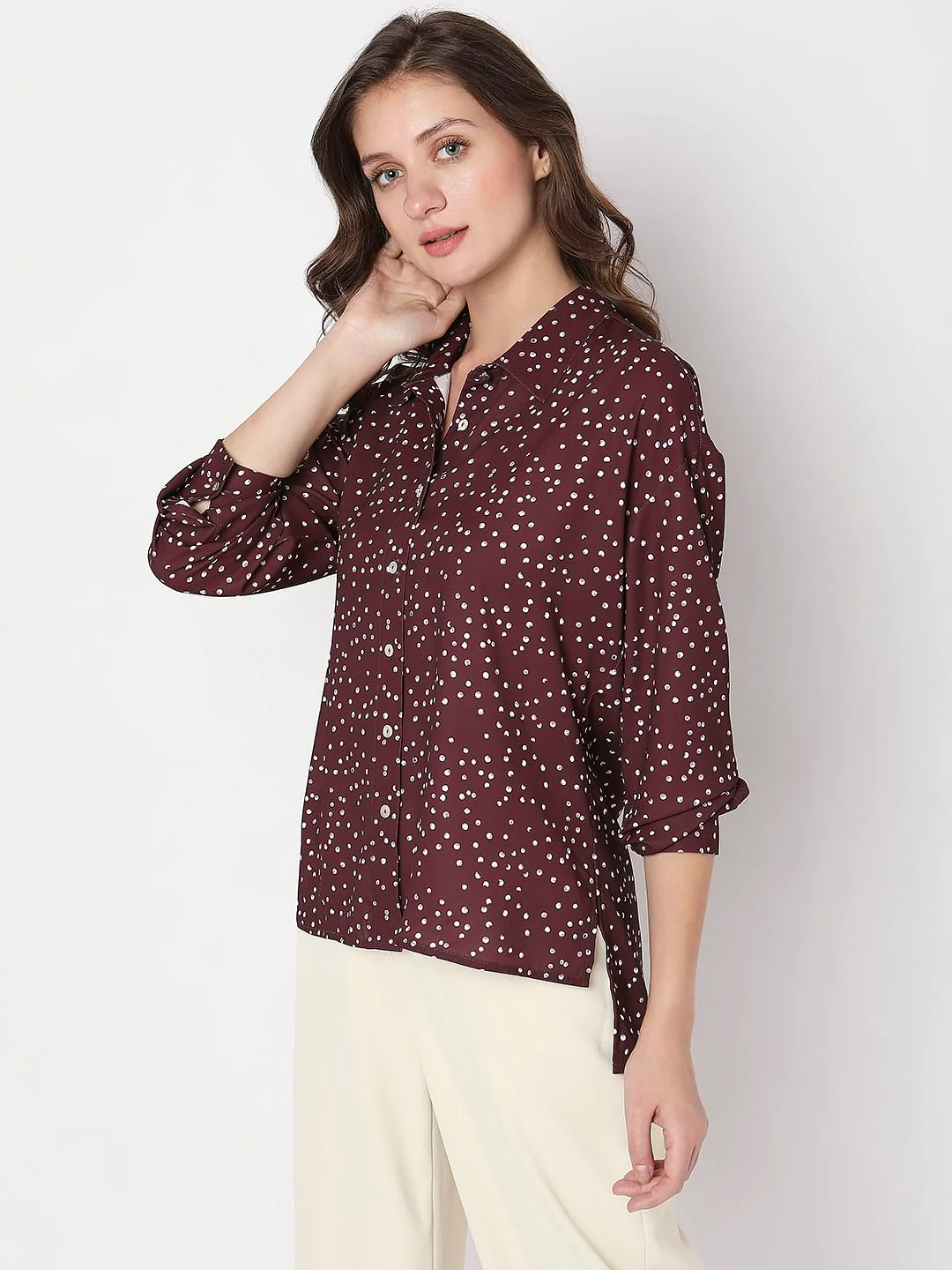 Maroon Polka Dot High-Low Shirt - Image 3