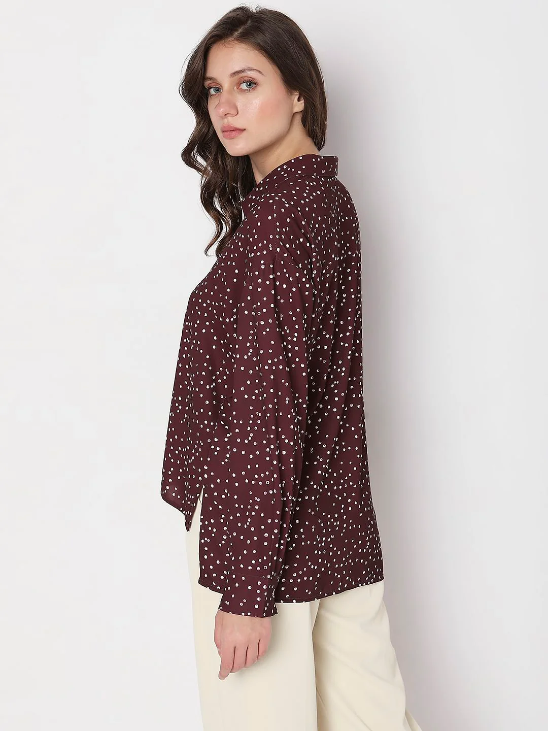 Maroon Polka Dot High-Low Shirt - Image 4
