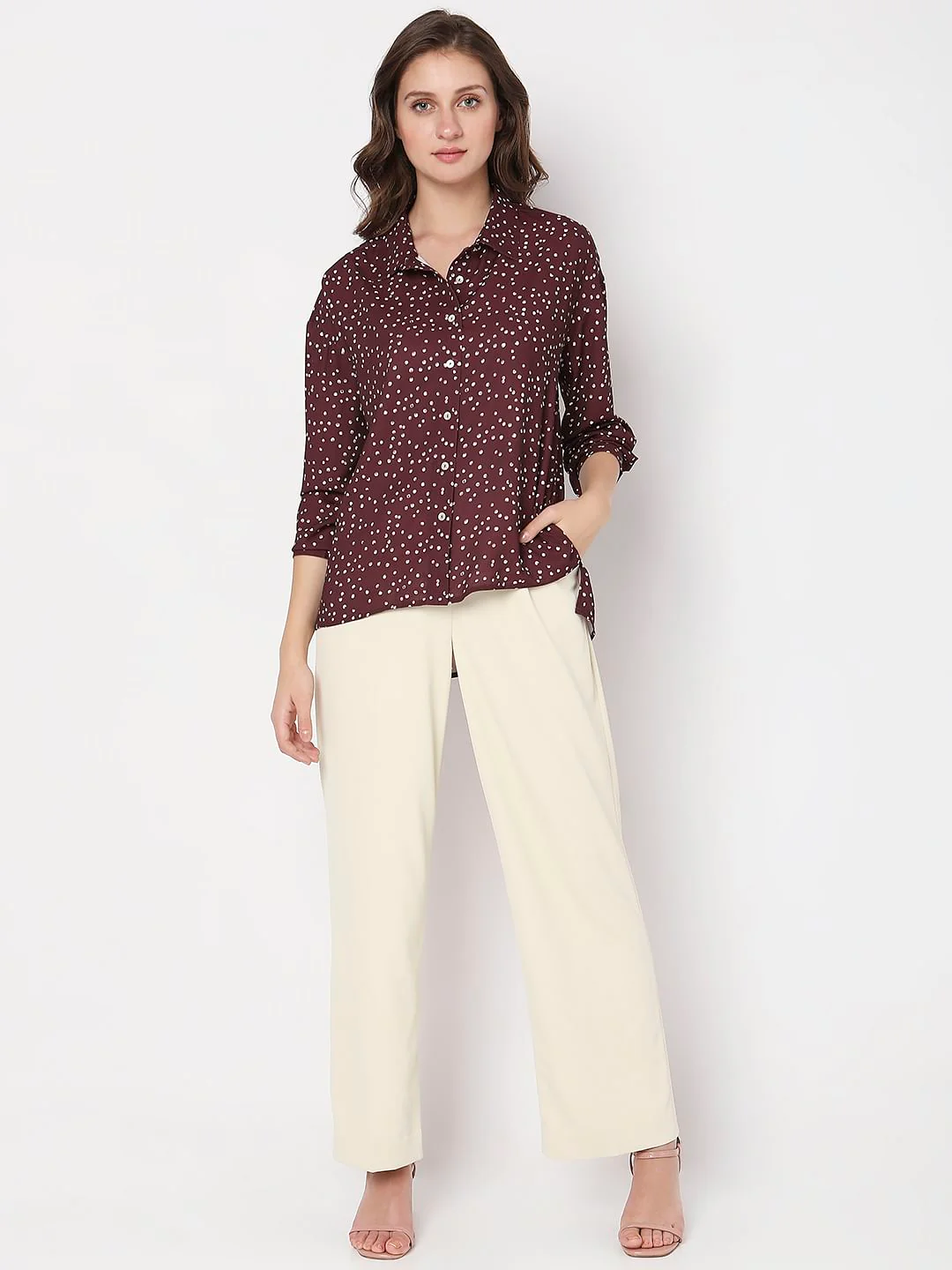 Maroon Polka Dot High-Low Shirt - Image 5