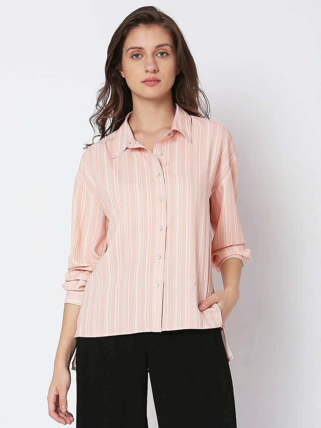Peach Striped High-Low Shirt - Image 2