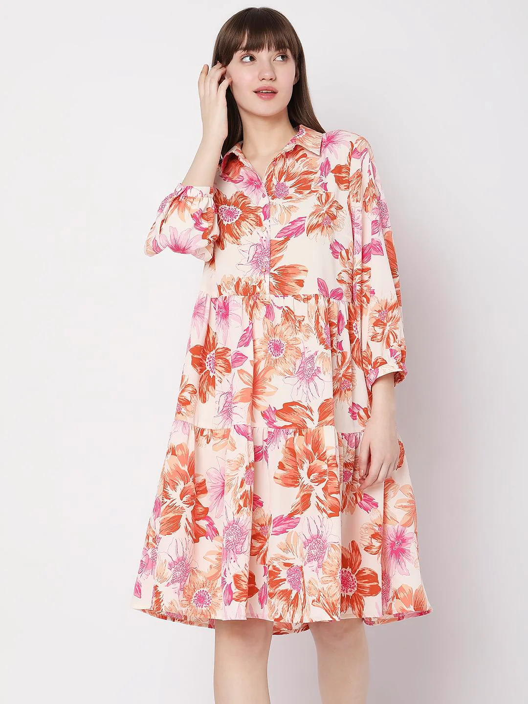 Beige Floral Print Shift Dress - Image 2