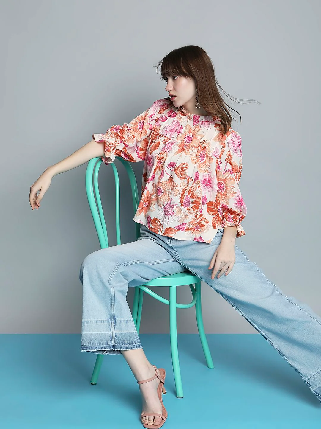 White Floral High Neck Top