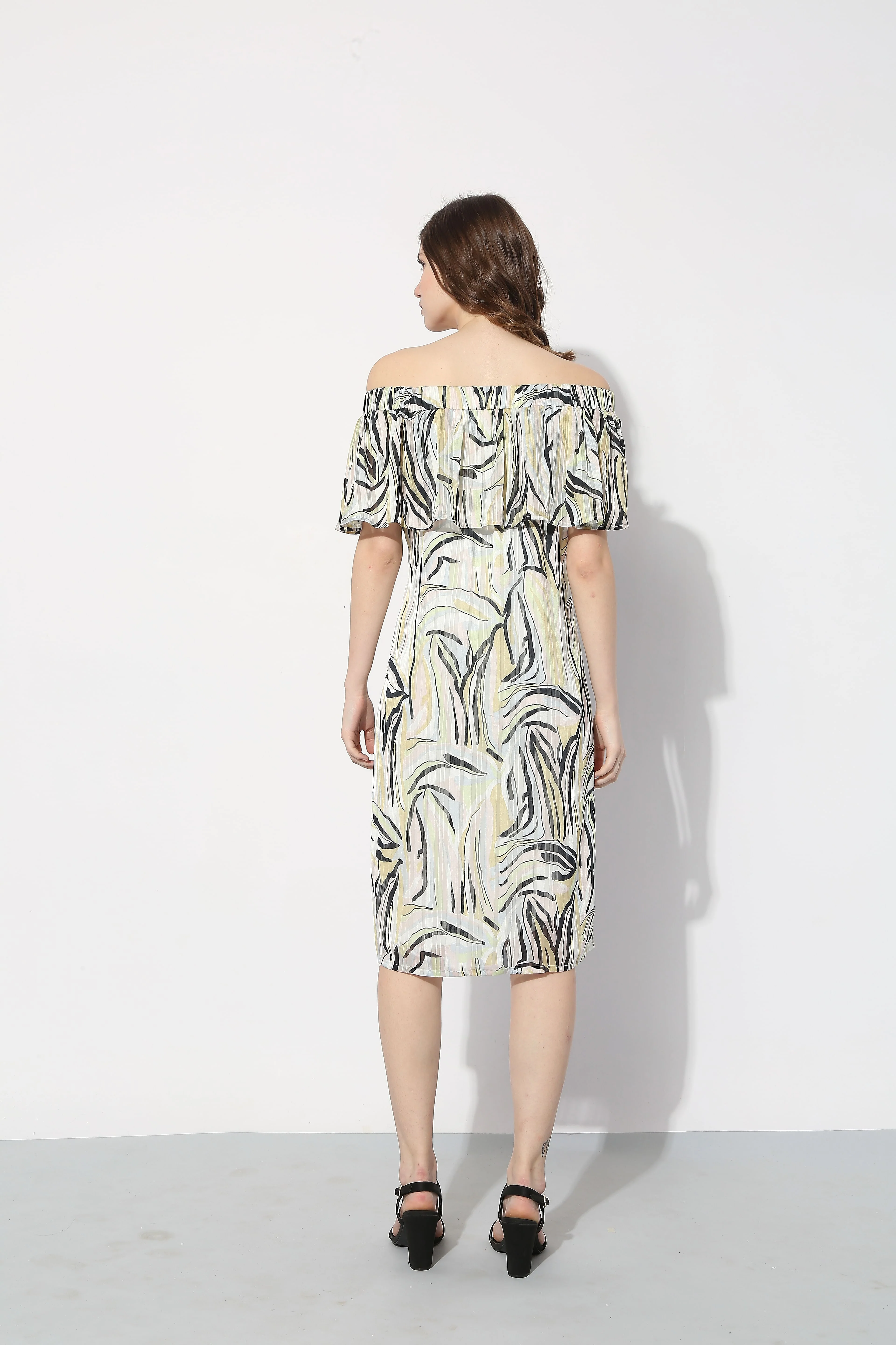 White Printed Off-Shoulder Midi Dress - Image 8
