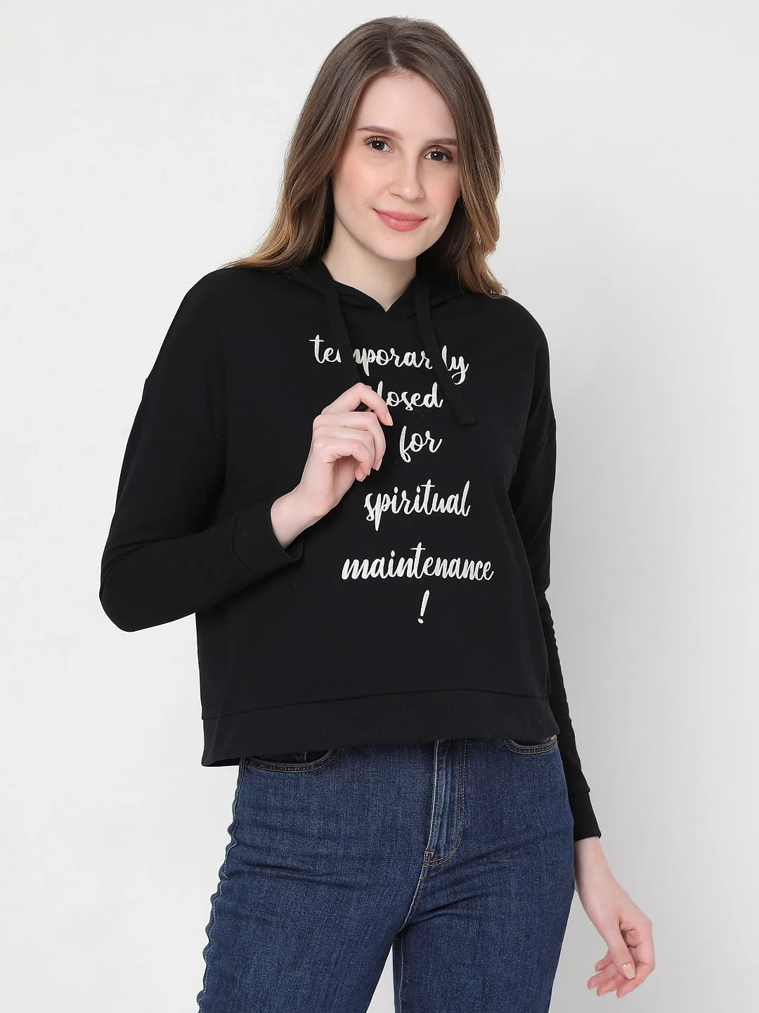 Black Slogan Print Hooded Sweatshirt - Image 2