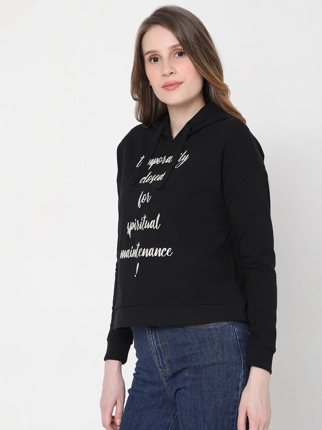 Black Slogan Print Hooded Sweatshirt - Image 3