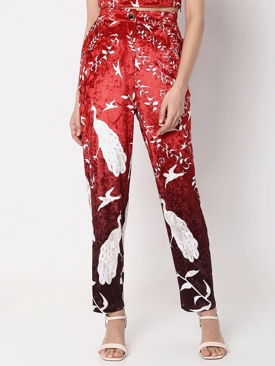 Red High Rise Printed Velvet Pants - Image 2