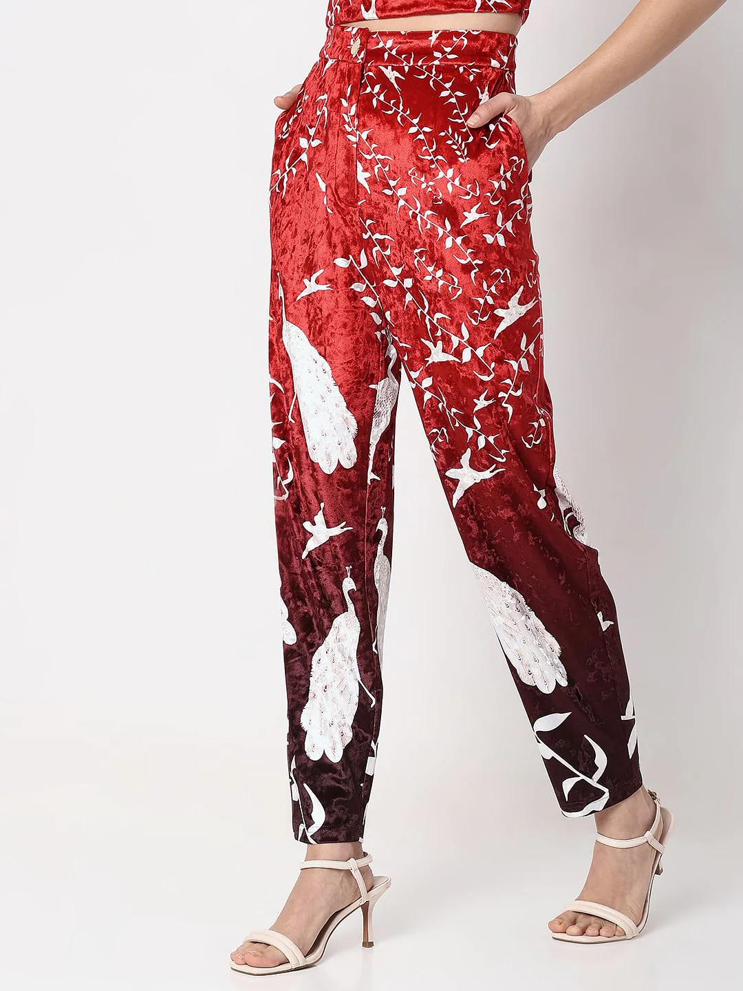 Red High Rise Printed Velvet Pants - Image 3