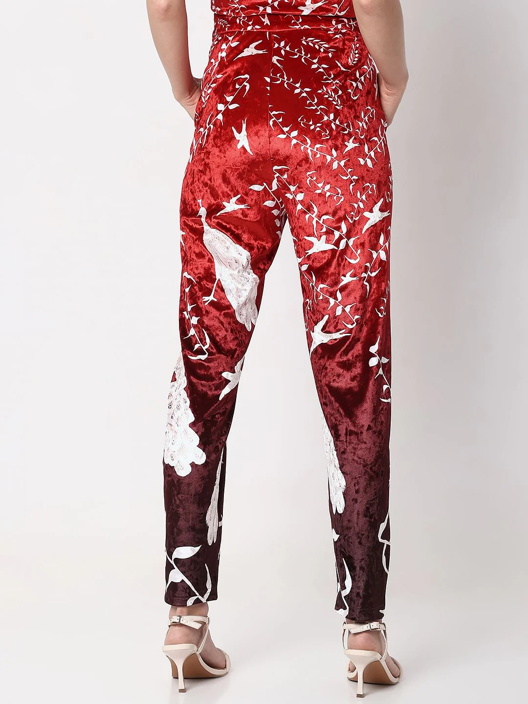 Red High Rise Printed Velvet Pants - Image 4