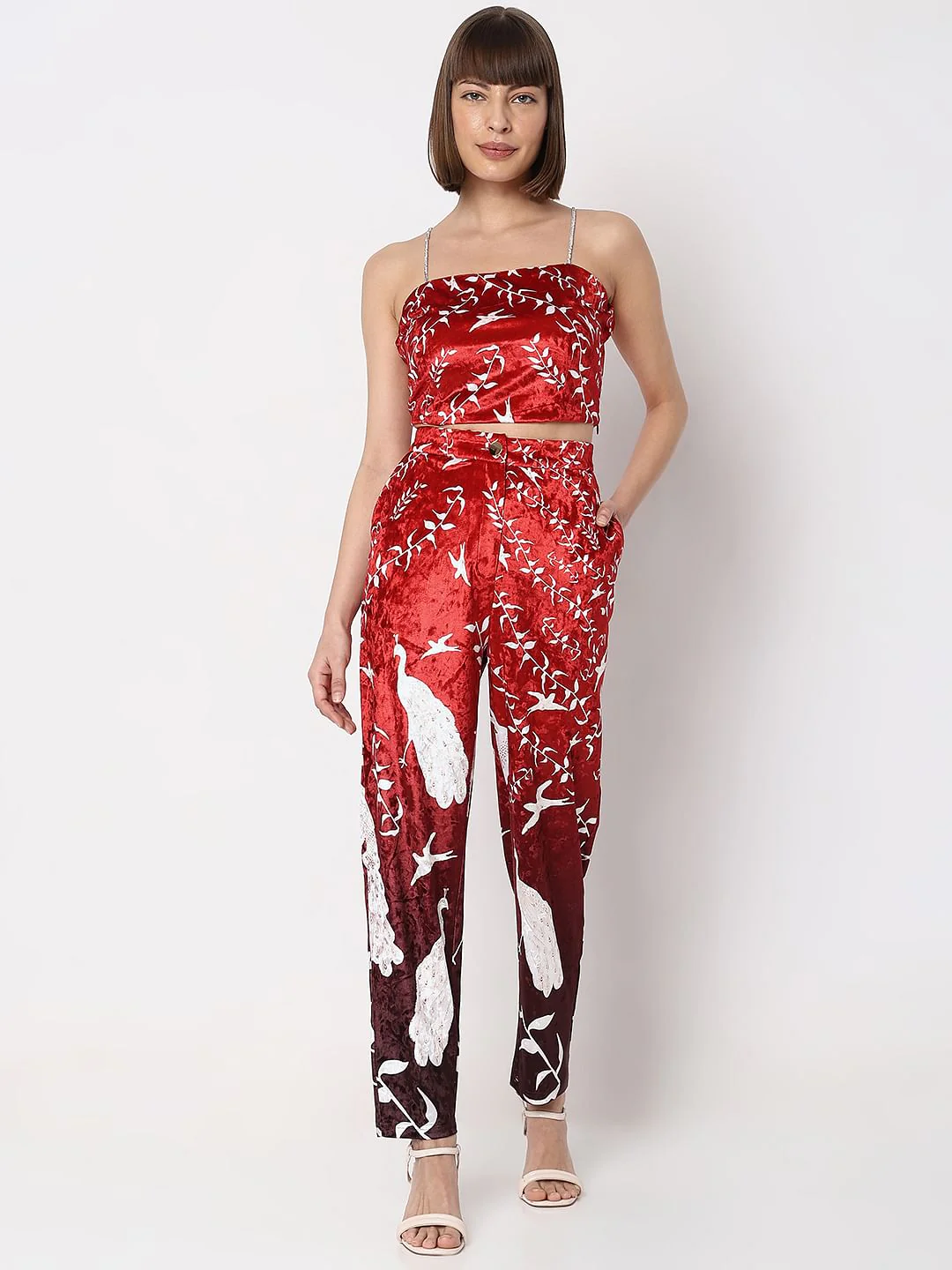 Red High Rise Printed Velvet Pants - Image 5