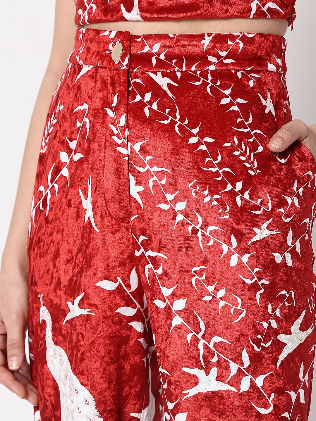 Red High Rise Printed Velvet Pants - Image 6