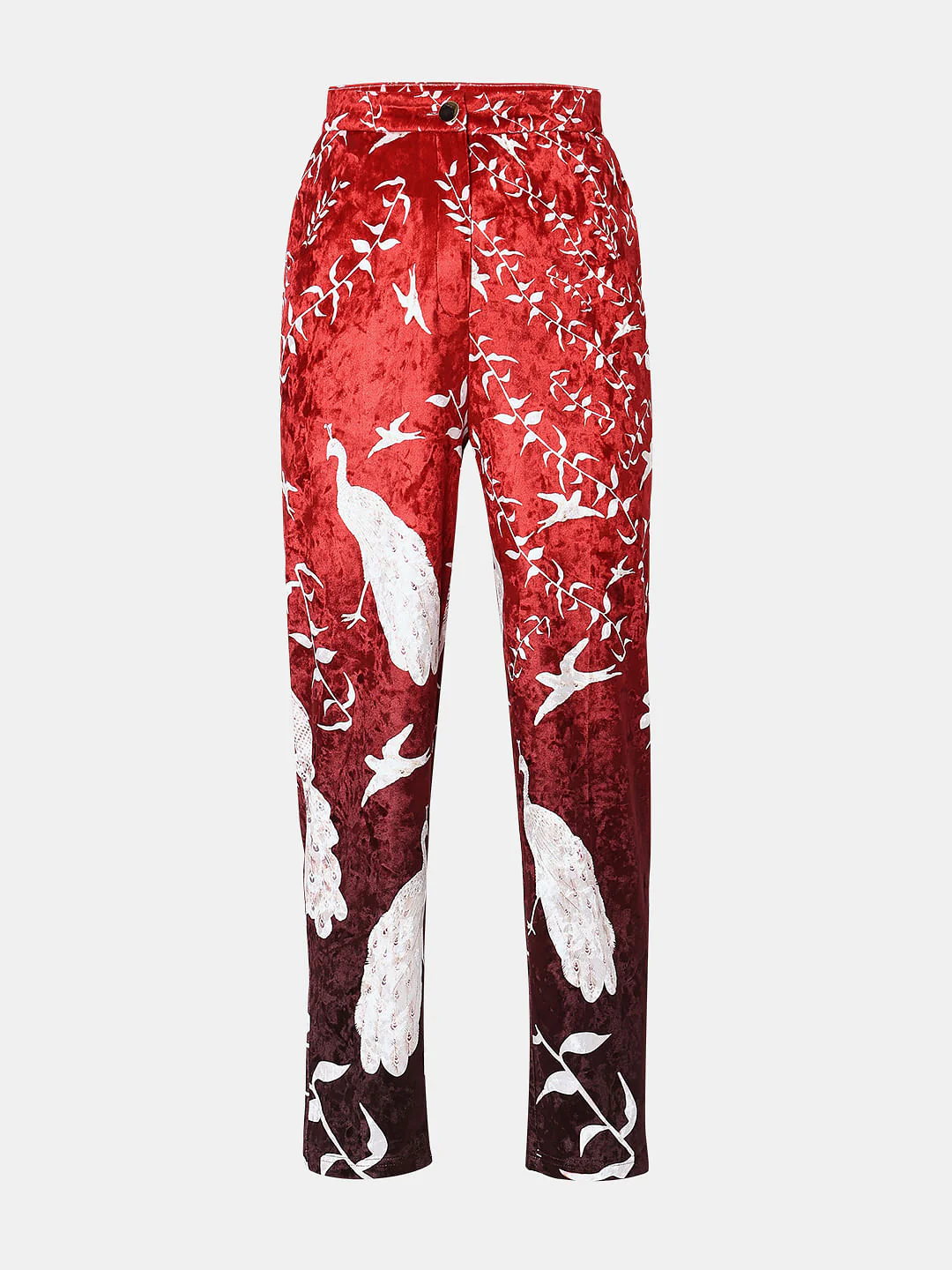 Red High Rise Printed Velvet Pants - Image 7