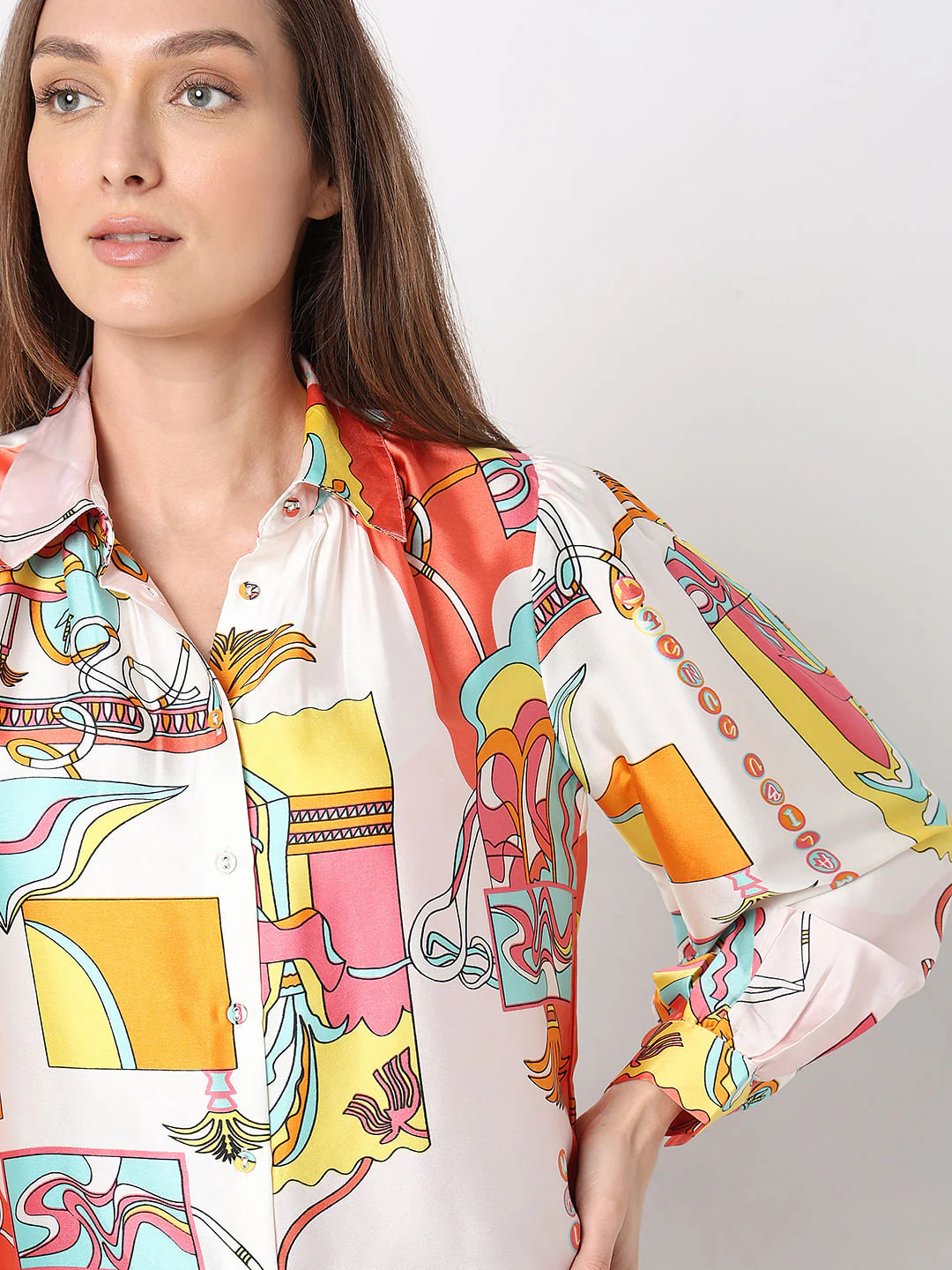 Peach Printed Satin Shirt - Image 6