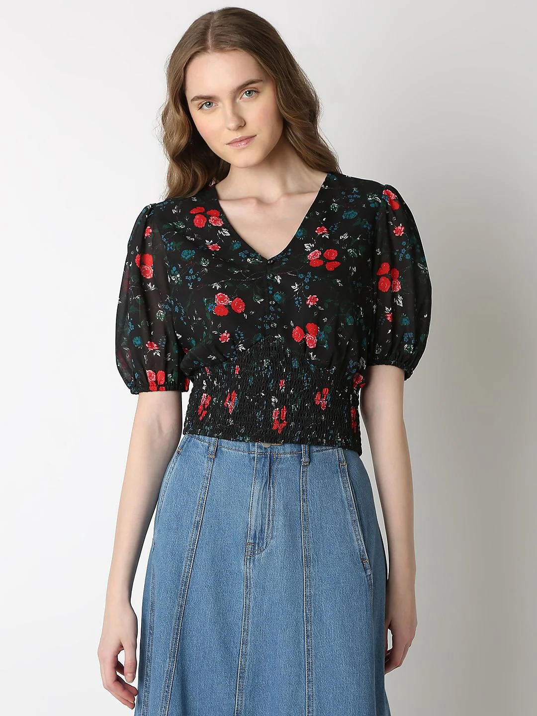 Black Printed Smocked Top - Image 2
