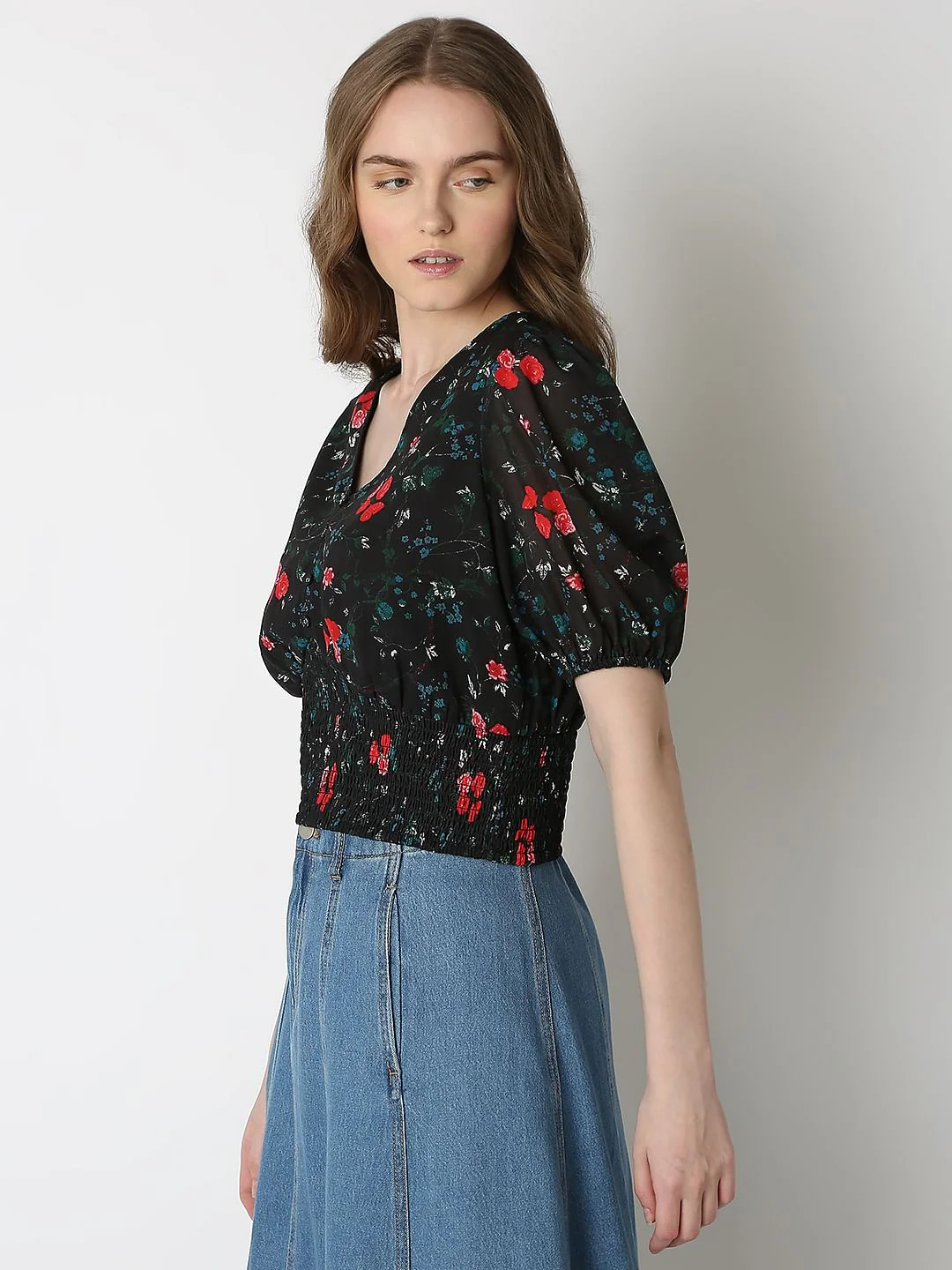 Black Printed Smocked Top - Image 3