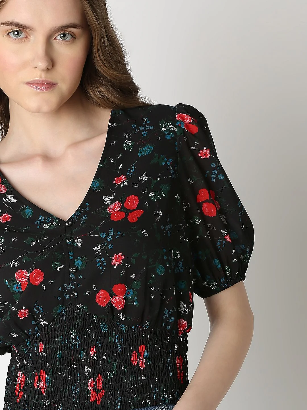 Black Printed Smocked Top - Image 6