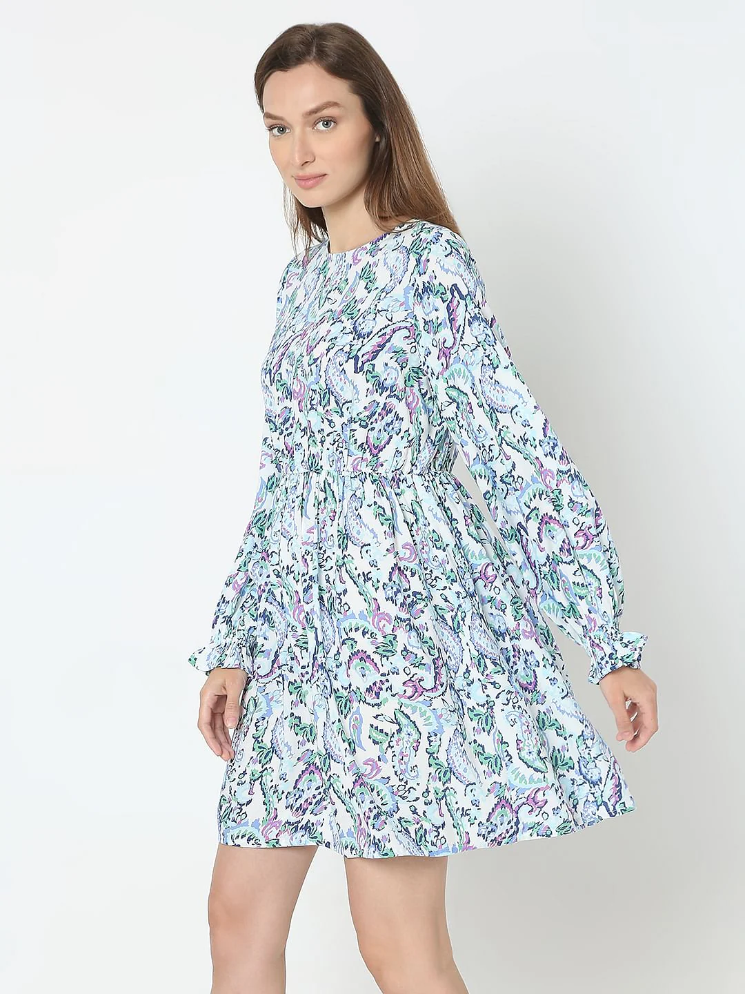 Light Blue Printed Mini Dress - Image 3