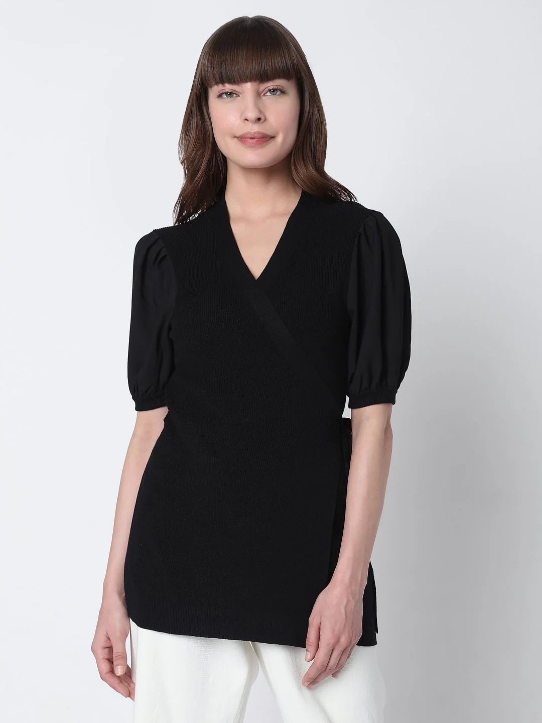 Black Ribbed Puff Sleeves Top - Image 2
