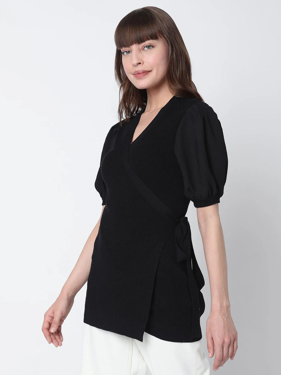 Black Ribbed Puff Sleeves Top - Image 3