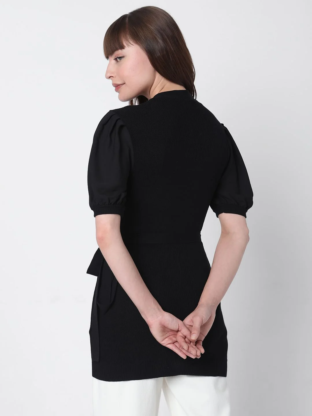 Black Ribbed Puff Sleeves Top - Image 4