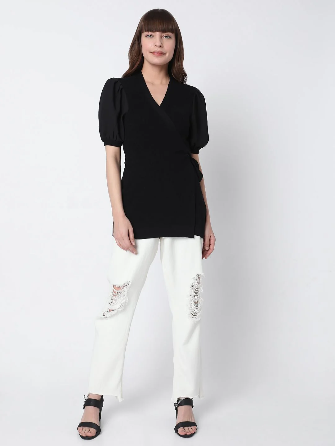 Black Ribbed Puff Sleeves Top - Image 5
