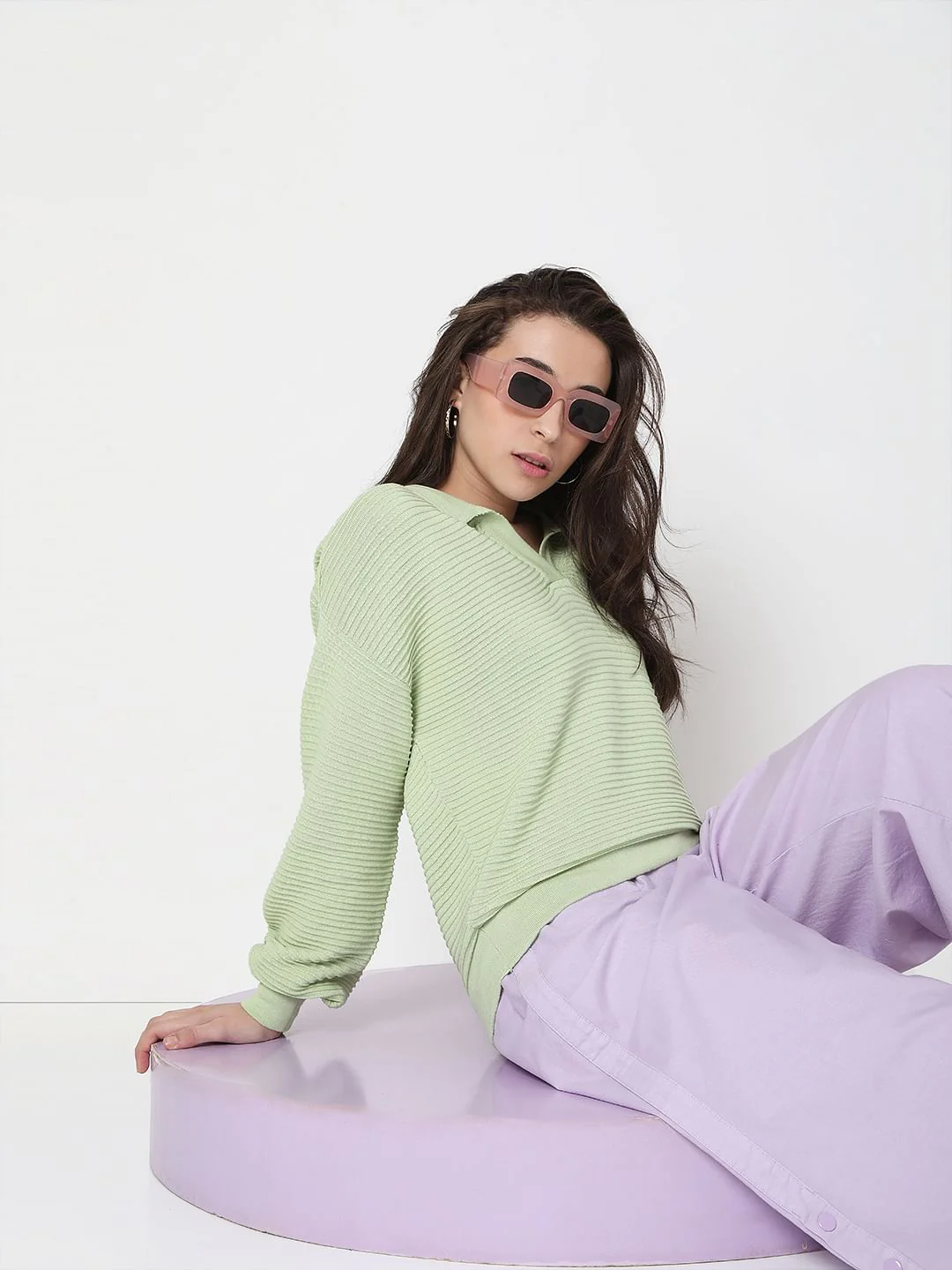 Light Green Striped Co-Ord Set Polo T-Shirt